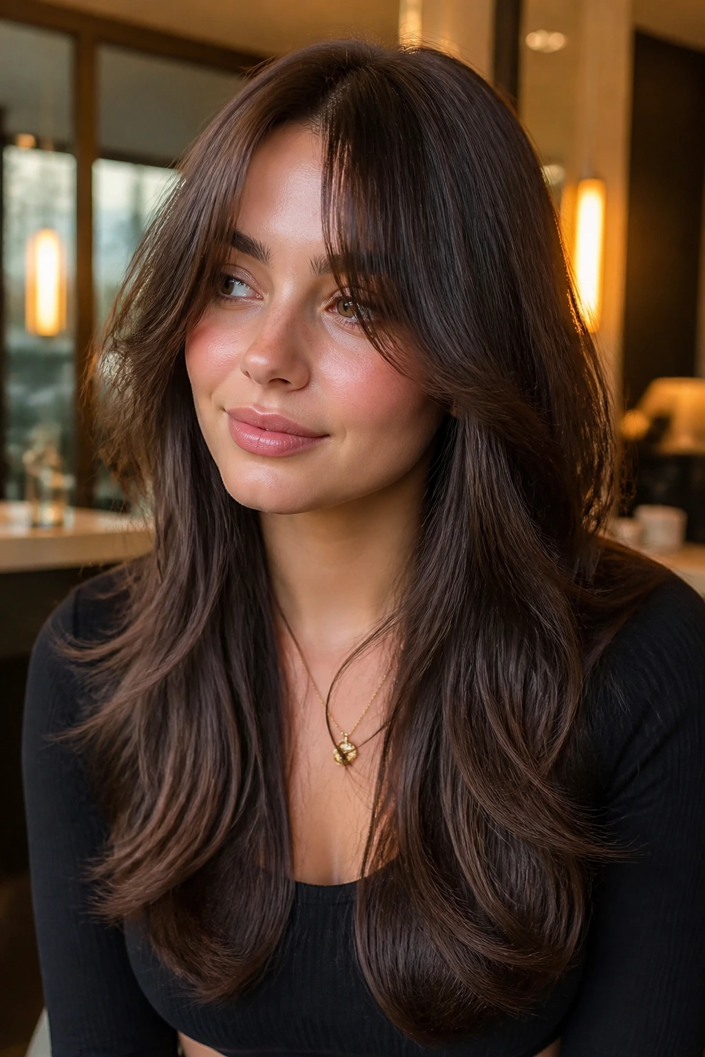 Close-up of a person with long layered bangs and a soft U-cut finish