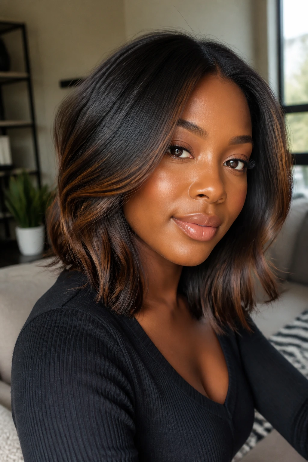 Close-up portrait of a Black woman with a long layered bob at collarbone length in warm living room light