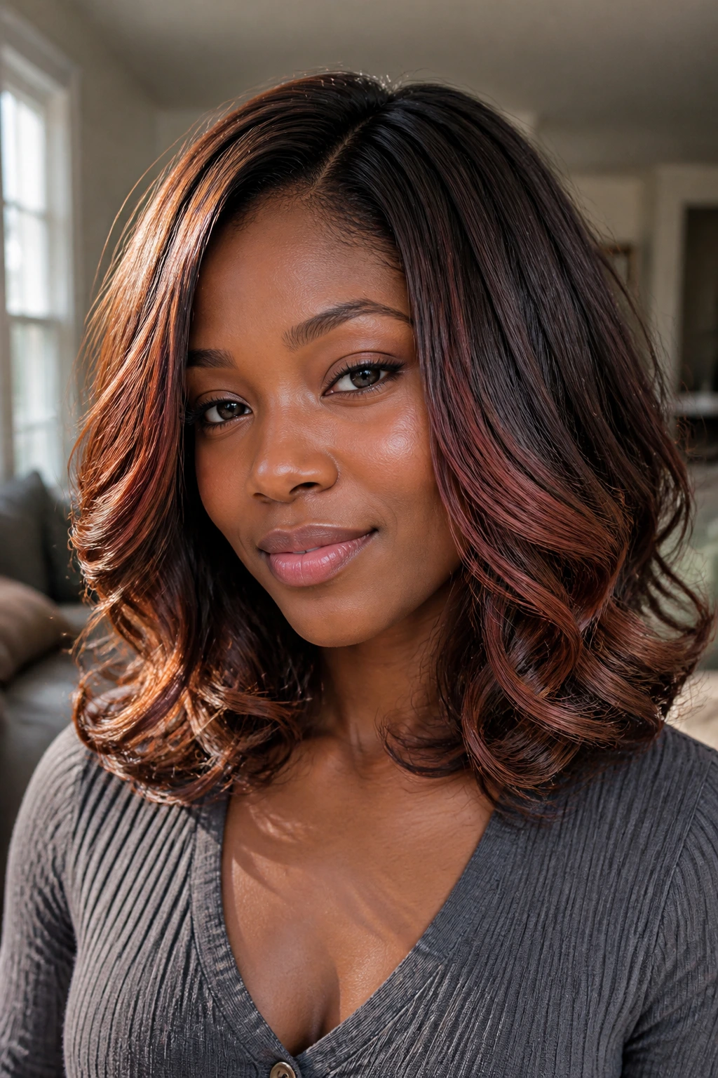 Close-up of a real Black woman's shoulder-length layered bob with soft curls and rose-brown highlights.