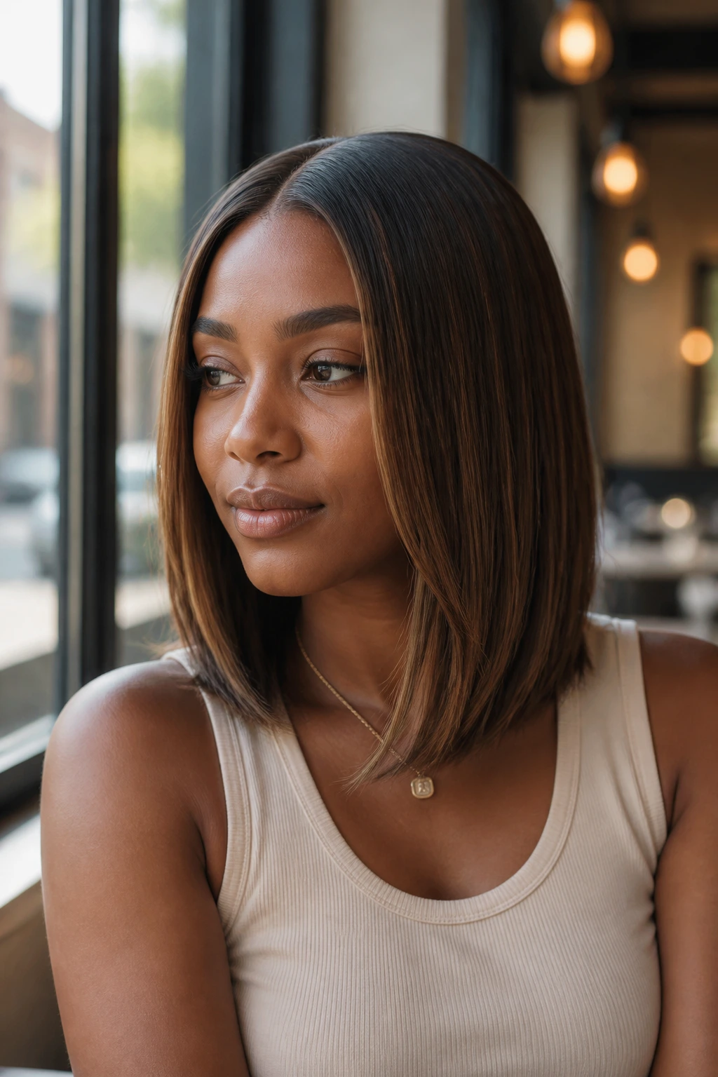 Portrait of a woman with long layered bob straight and sleek in cafe setting