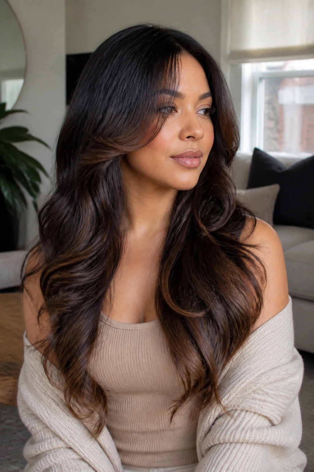Portrait of a real person with long layered body waves and face-framing pieces