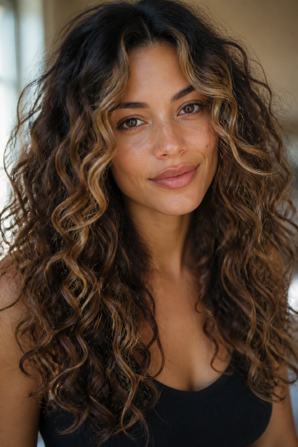 Real person with long layered curly hair and caramel money pieces framing the face