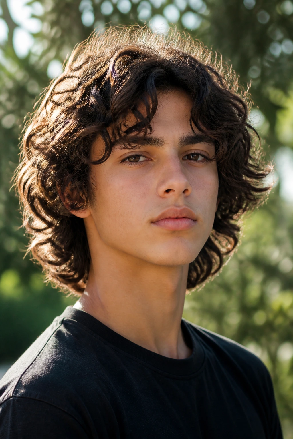 Teen boy with long layered curls, face framed by curls