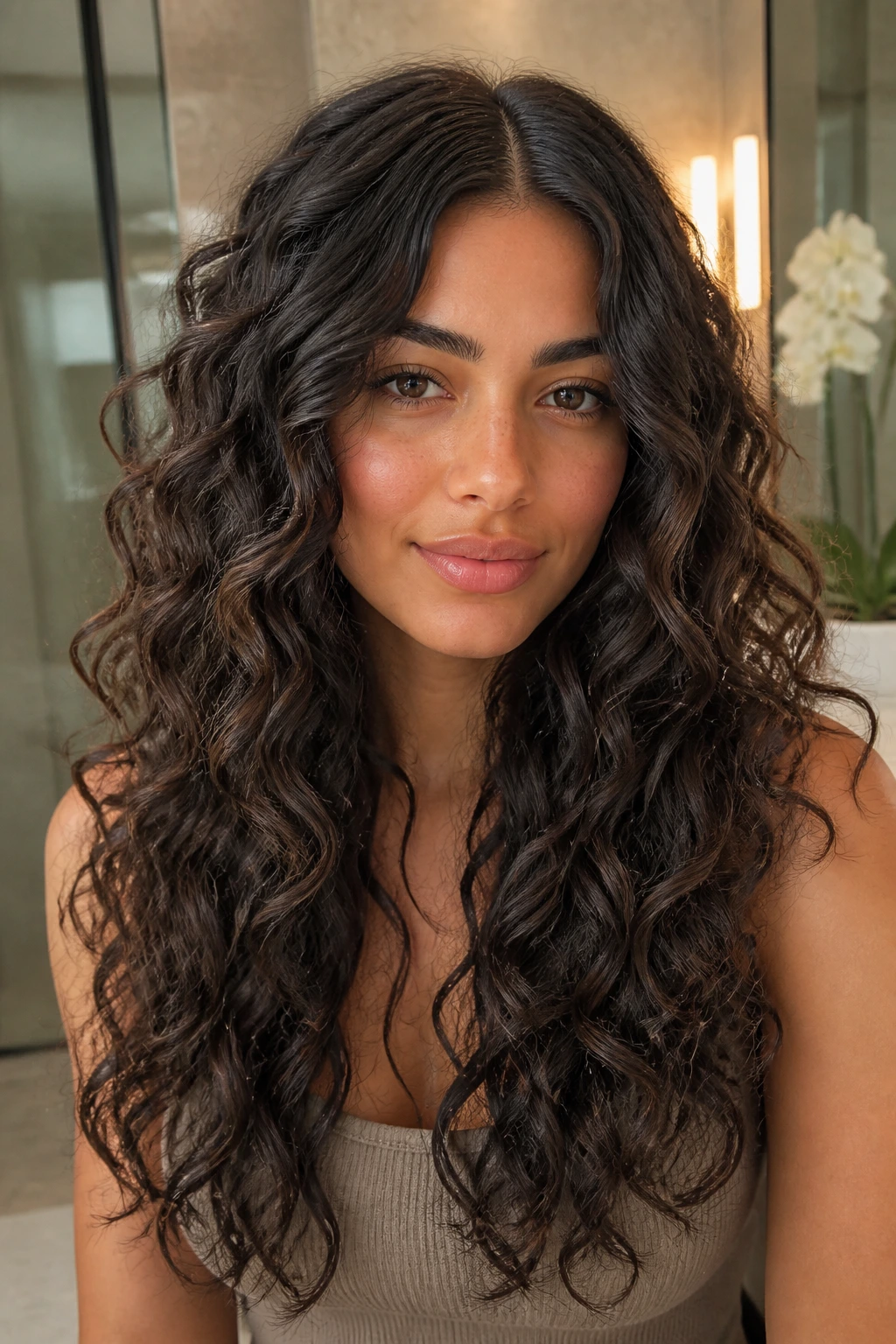 Portrait of a woman with long layered curls and a center part