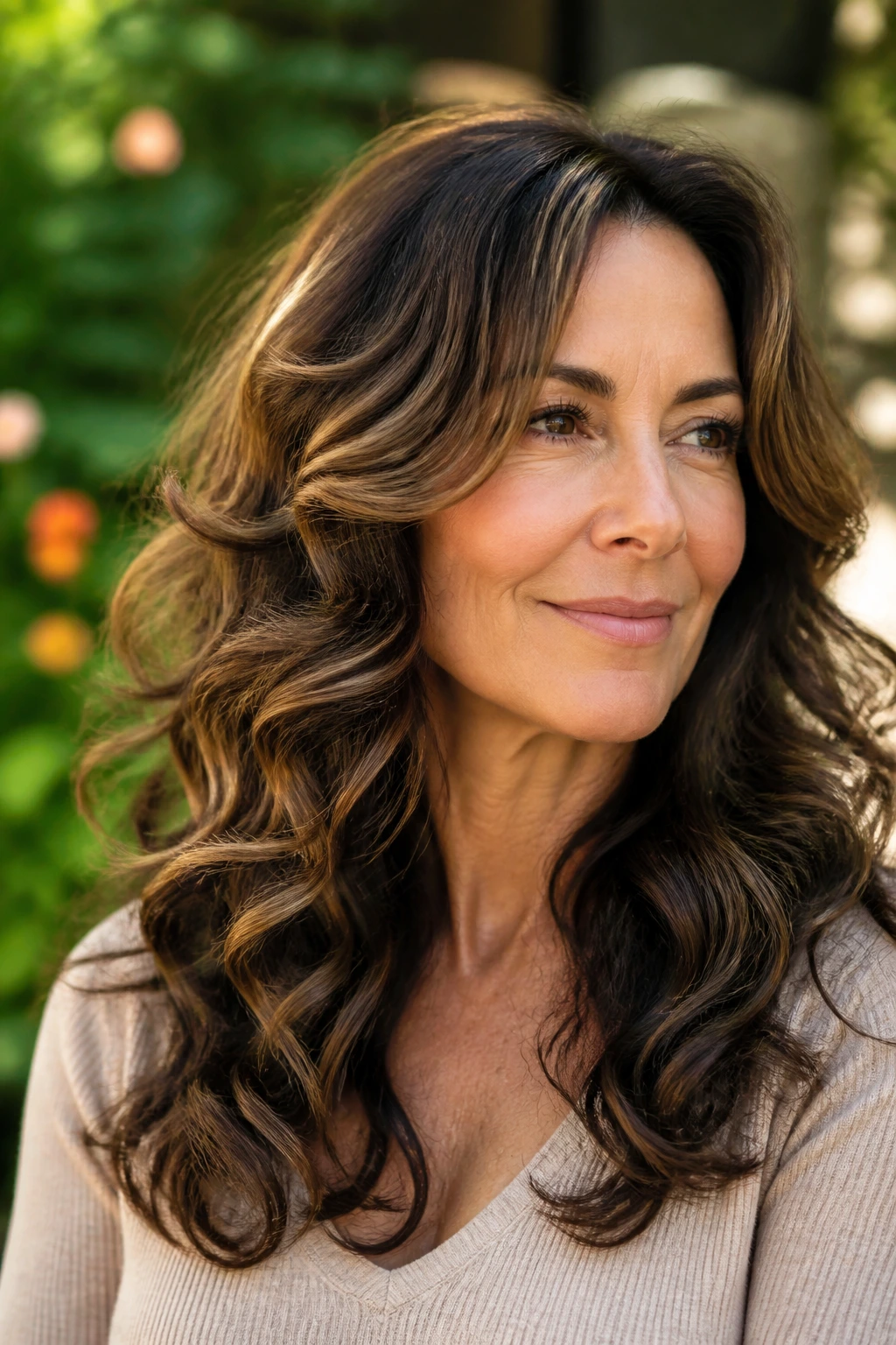 Portrait of long layered curls with espresso ribbons.