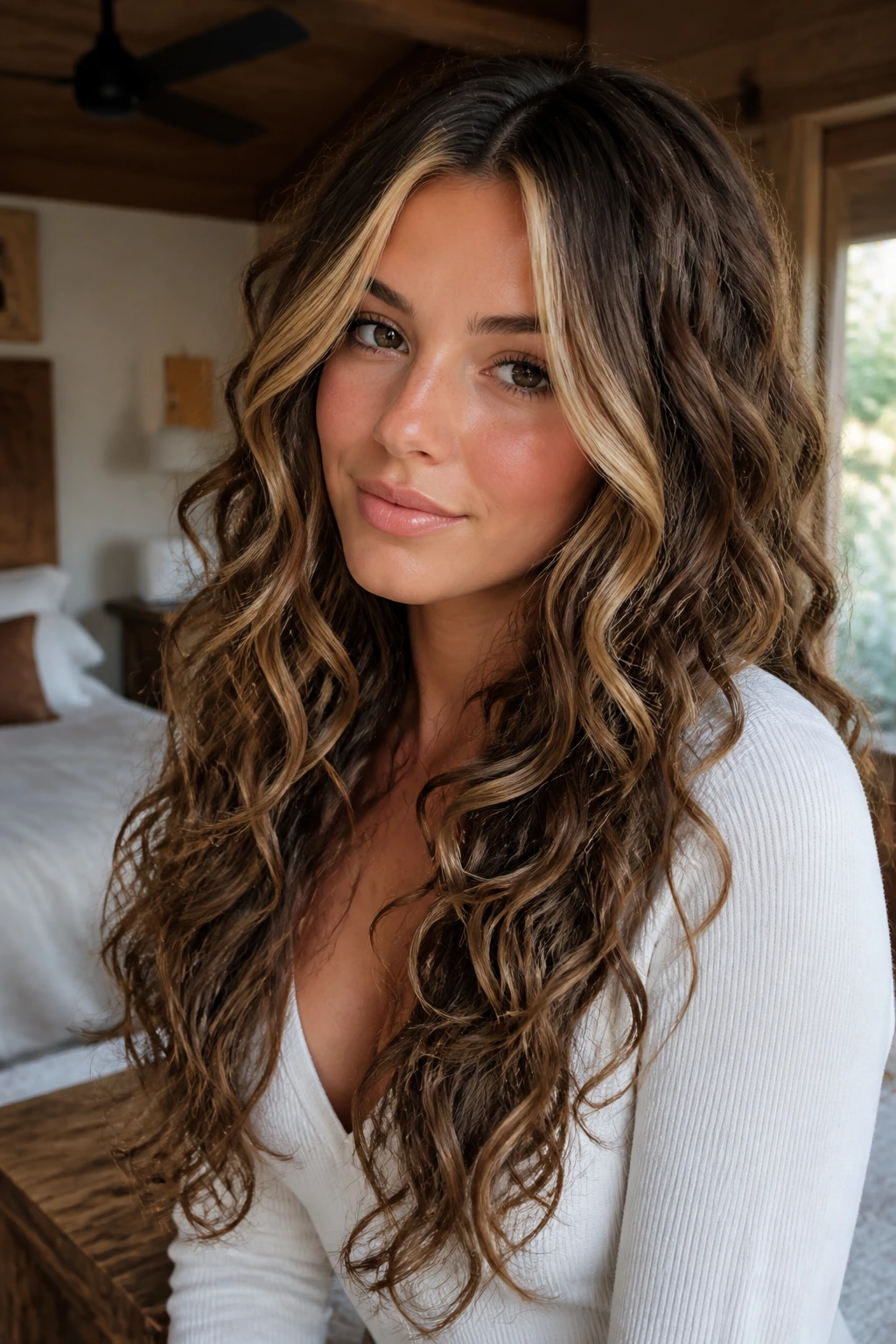 Close-up of a real woman with long layered curls and a center-part money piece framing her cheeks