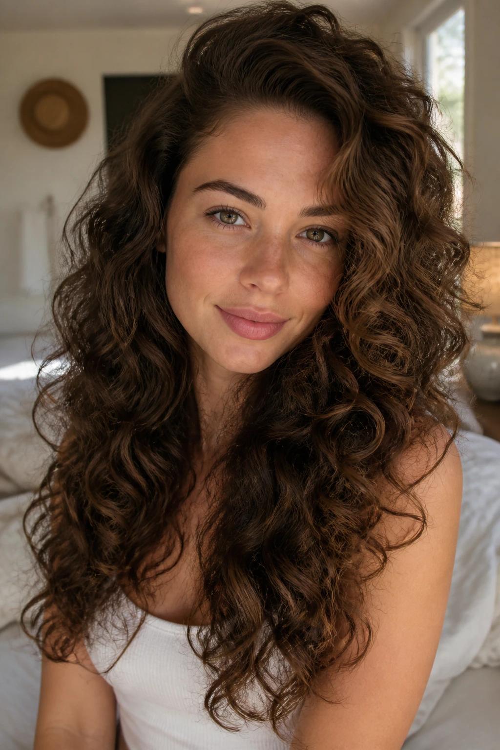 Close-up of long layered curls with a soft side part framing the face.