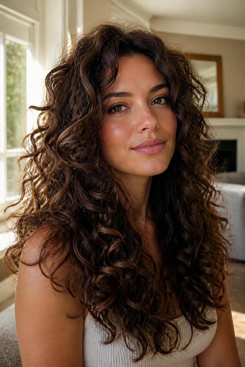 Close-up of a real person with long layered curls framing the face in warm window light