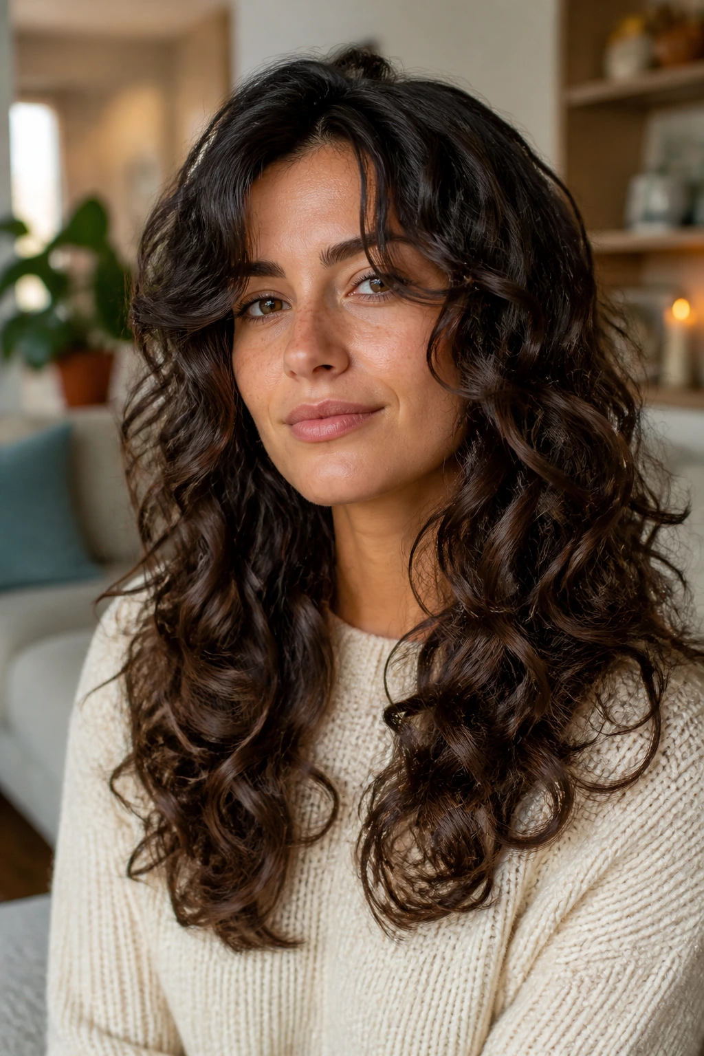 Real woman with long layered curly haircut and face-framing pieces