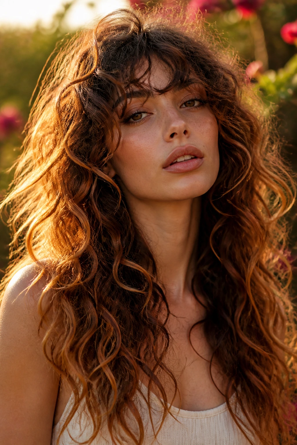 Close-up of long layered curly shag with cinnamon ends on a real woman