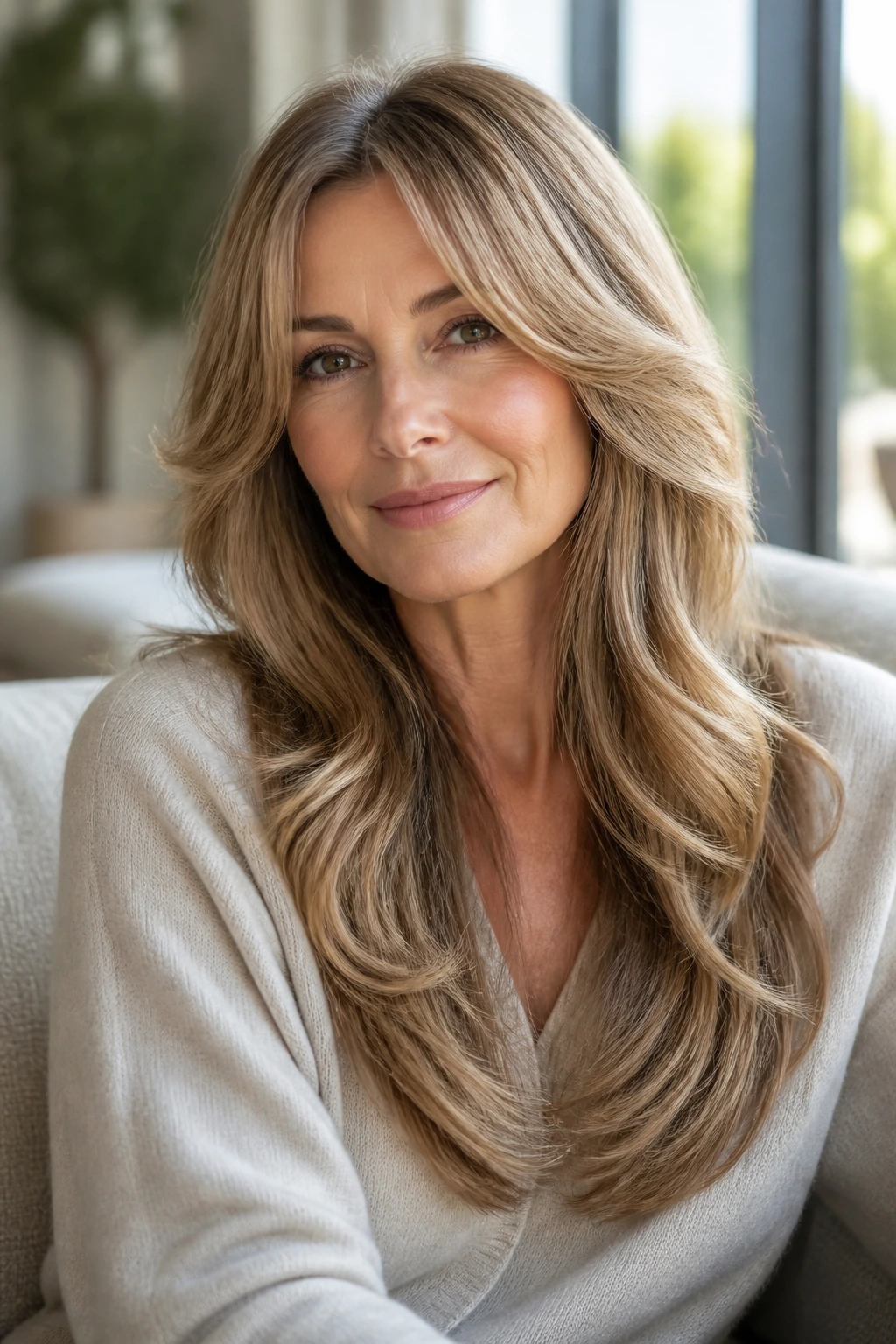 Close-up of a real woman with long layered hair and curtain sweep, glossy finish