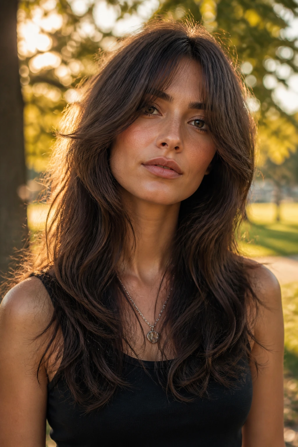 Portrait of a real woman with long layered cut and face-framing wings.