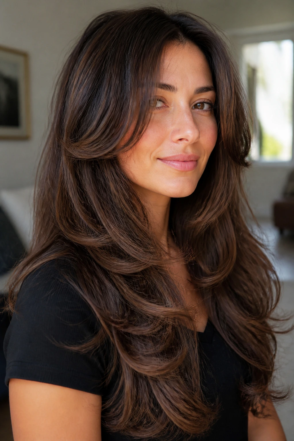 Close-up of a woman with long layered thick hair showing internal debulking