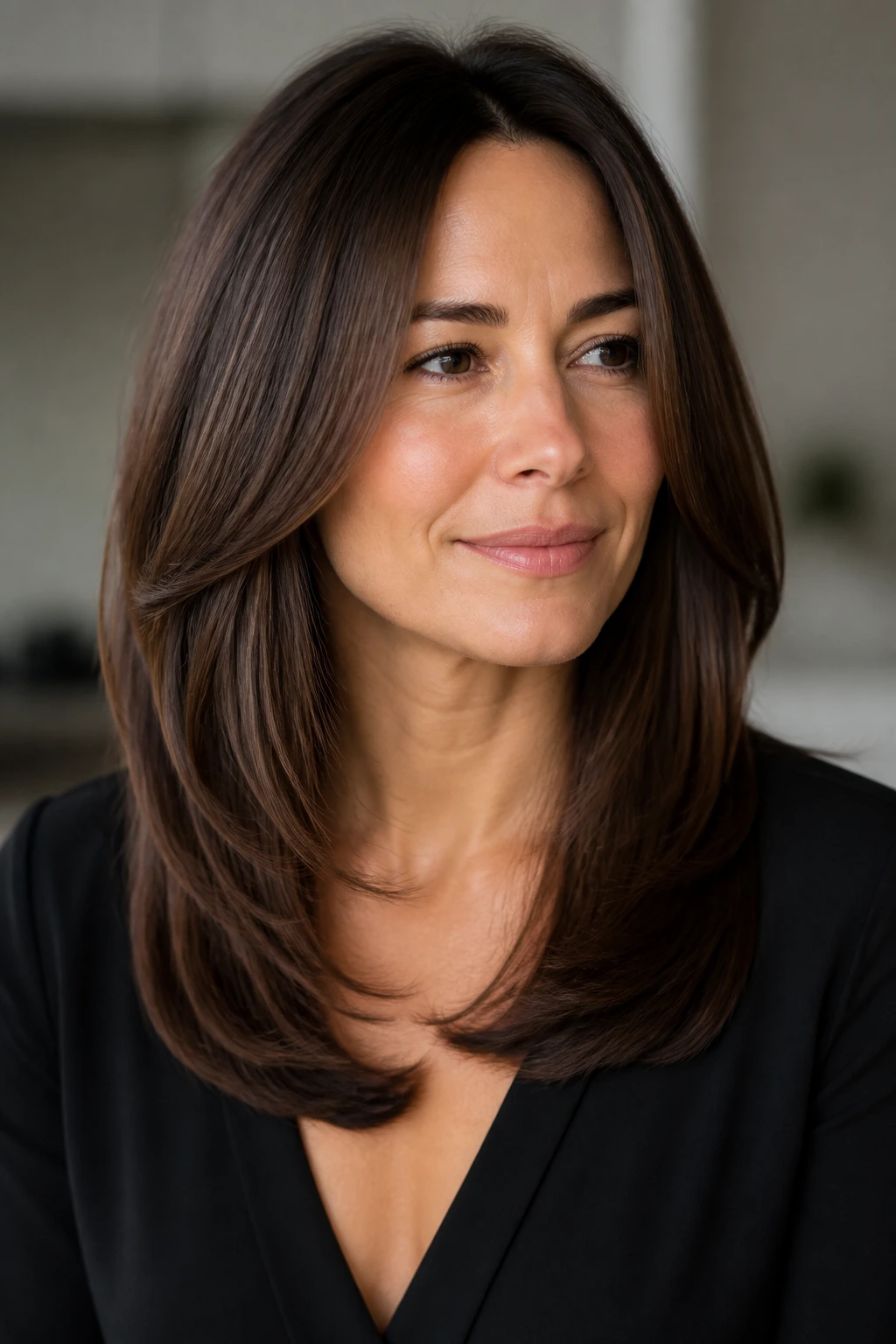 Close-up of woman with long layered hair and tucked-in ends