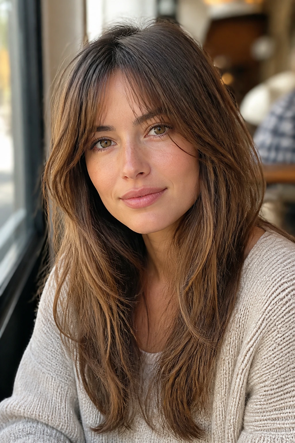 Close-up of a real woman with long layered fringe in sunlit cafe lighting