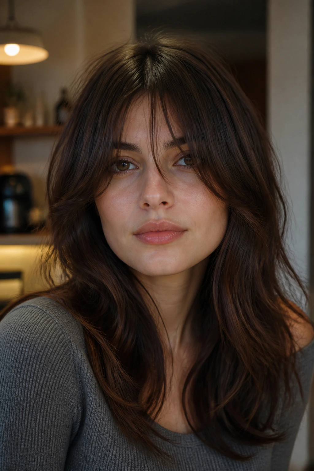 Real woman with long layered fringe and soft bend framing the face.