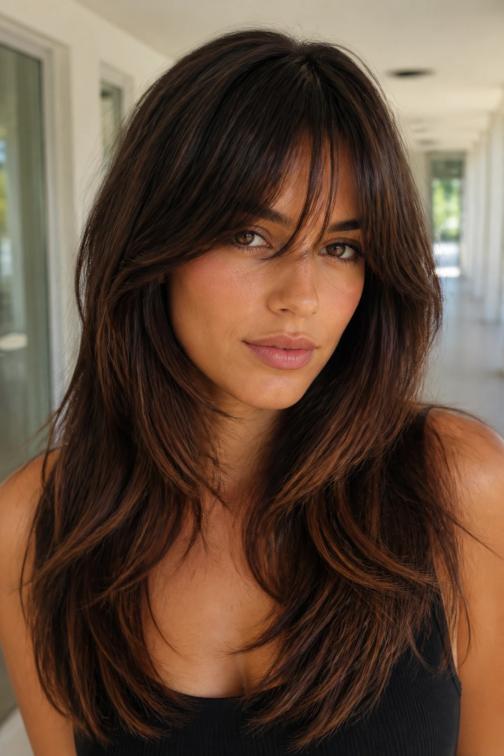 Portrait of a woman with long angled layers and Bardot bangs.