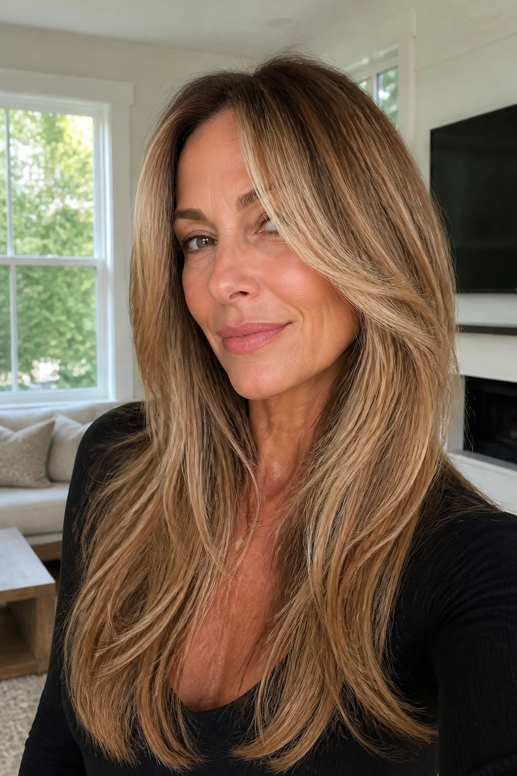 Close-up of a real woman with long layered hair and money pieces framing her face