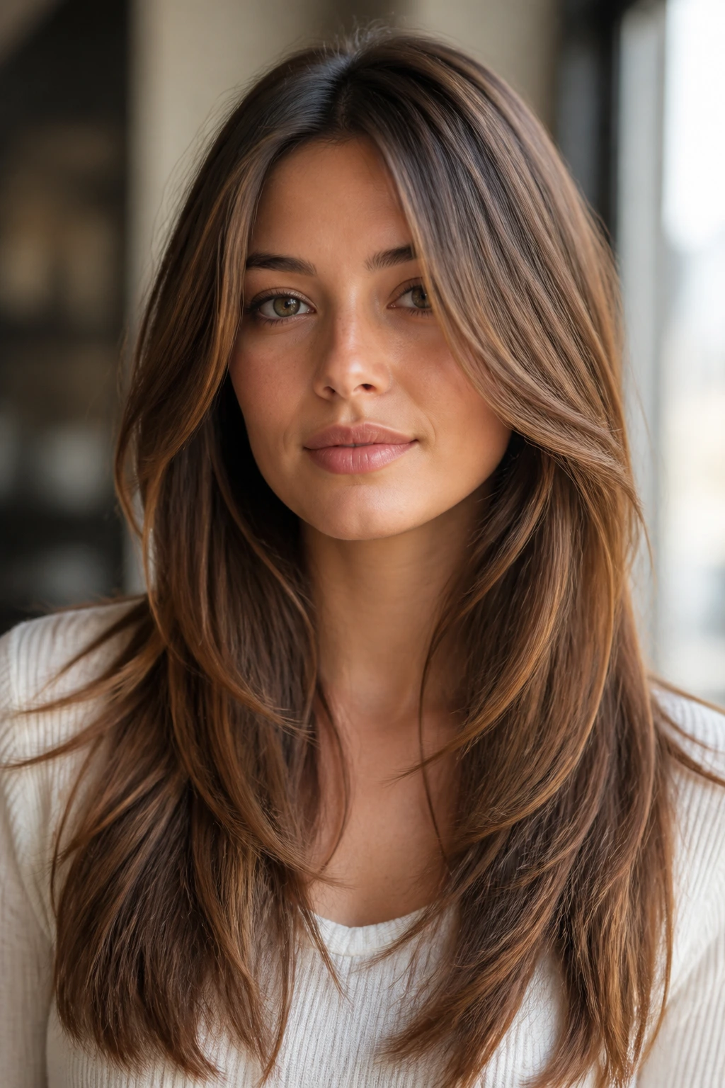 Close-up of a person with a long-layered haircut starting below the chin