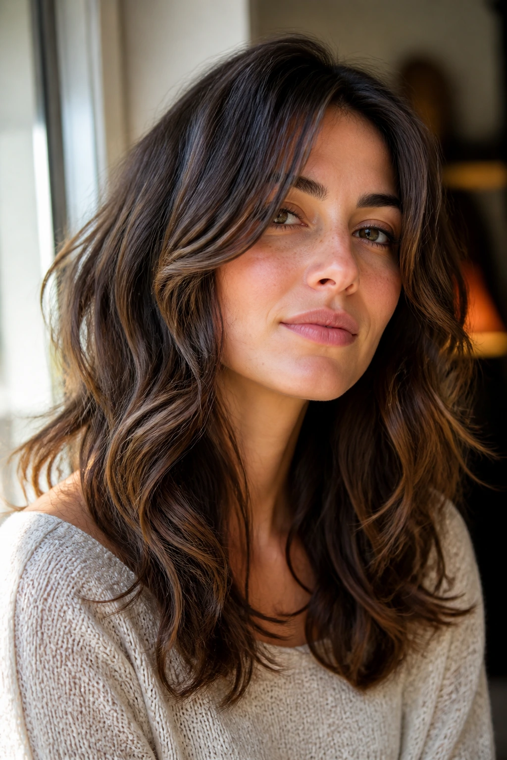Close-up portrait of a real woman with a long layered wavy haircut, showing a low-maintenance style.