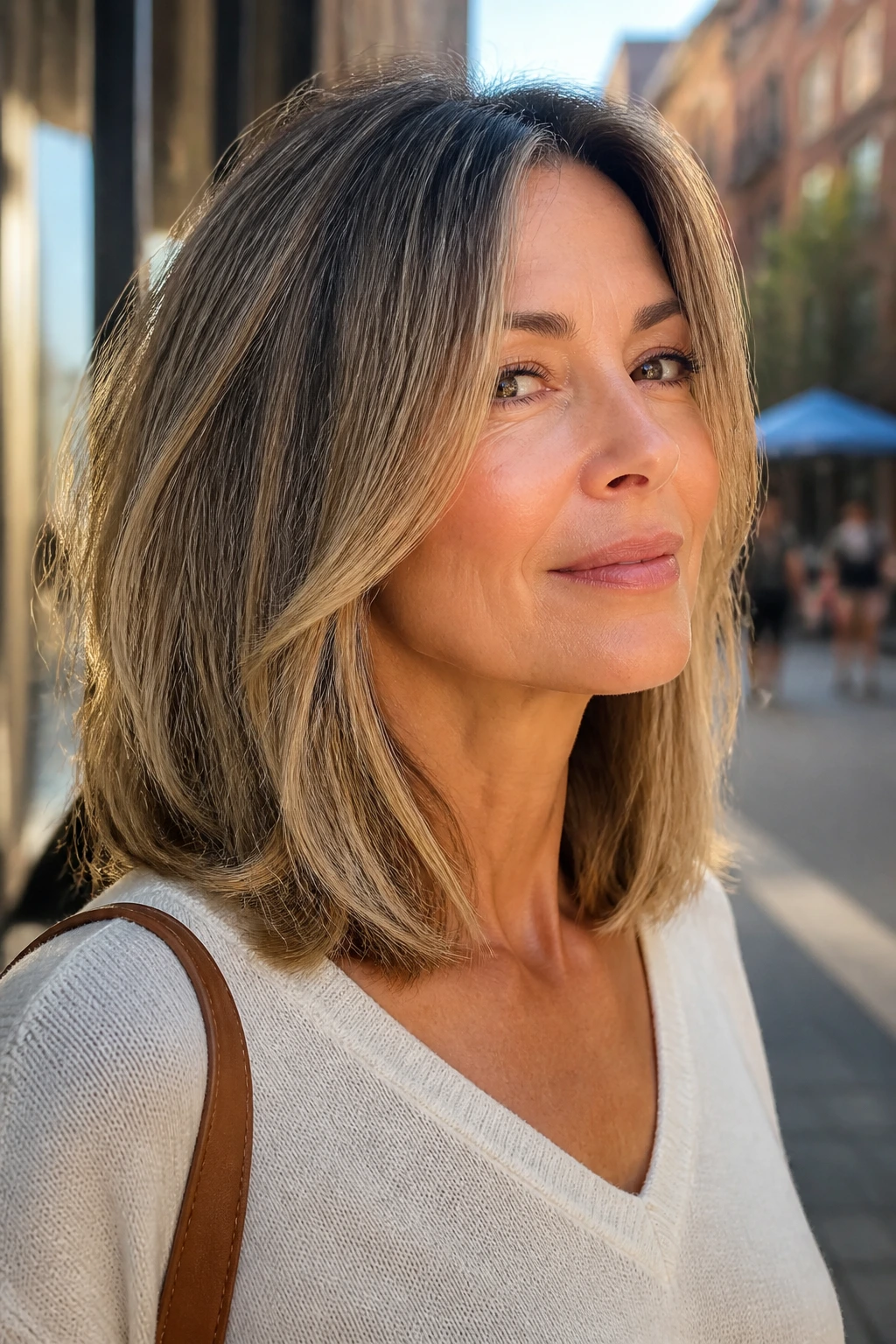 Close-up portrait of a real woman with long layered lob and face-framing pieces
