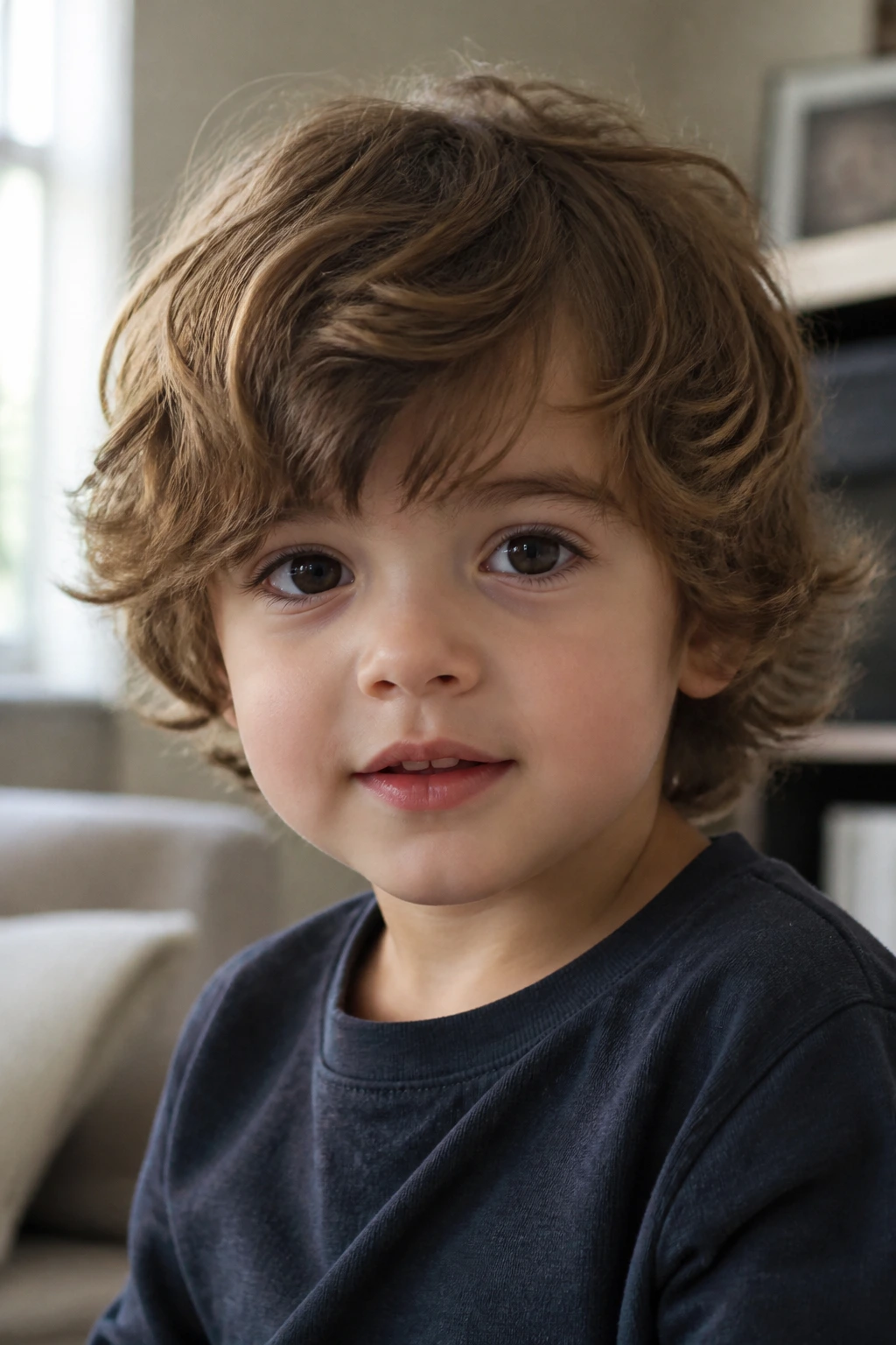 Toddler with long layered mop top hairstyle