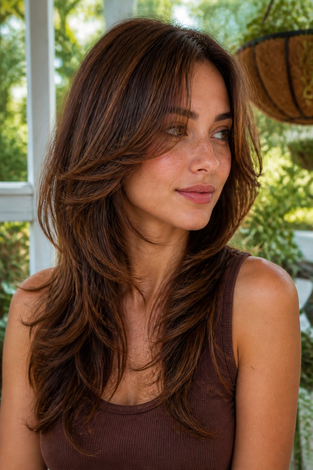 Portrait of a real person with long layered shag and face-framing cheeks