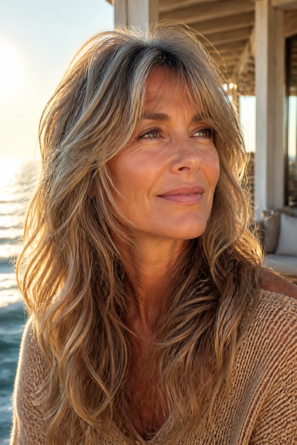 Real woman with long layered shag and soft waves on veranda