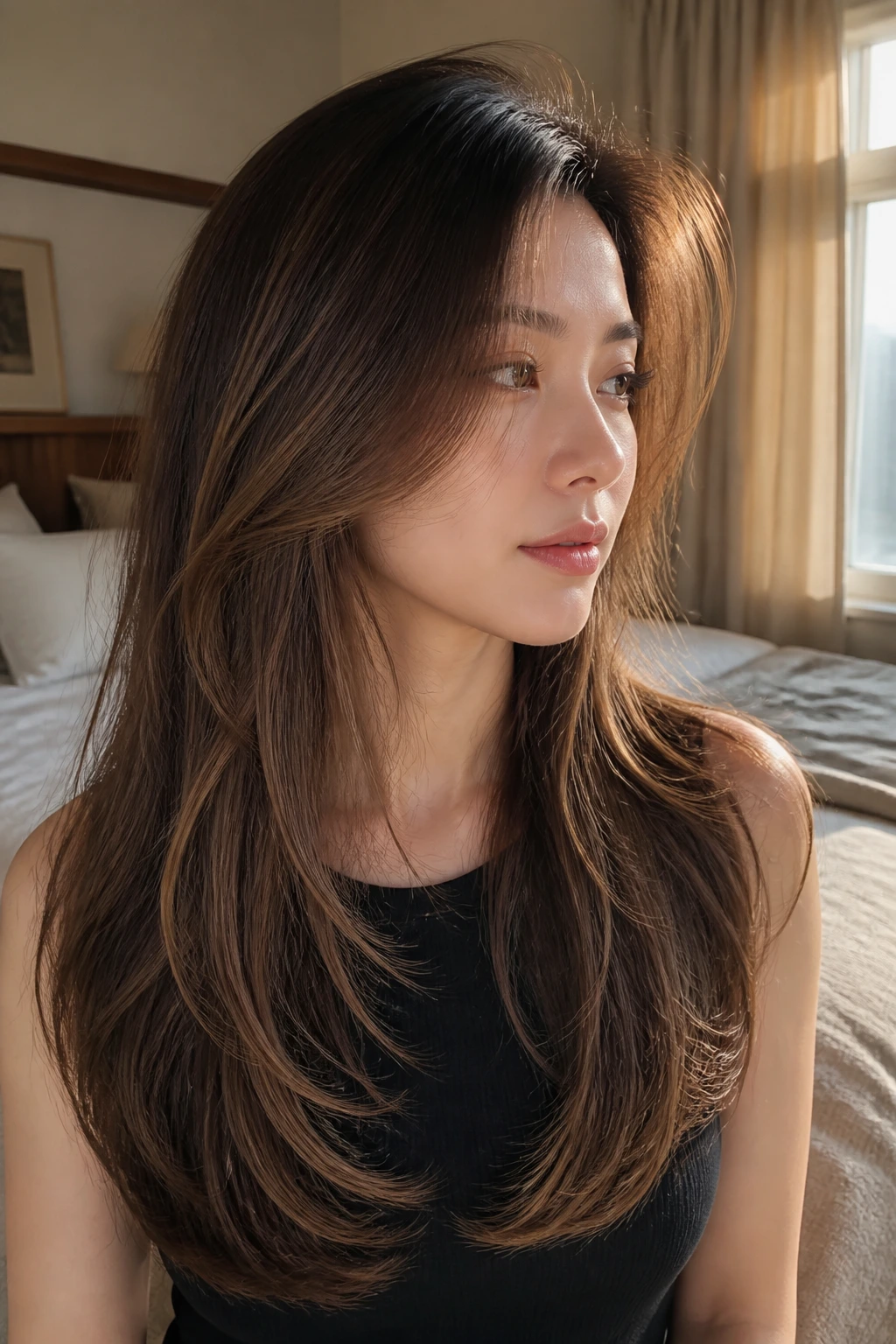 Portrait of a real woman with long layered hair and caramel highlights showing shape.