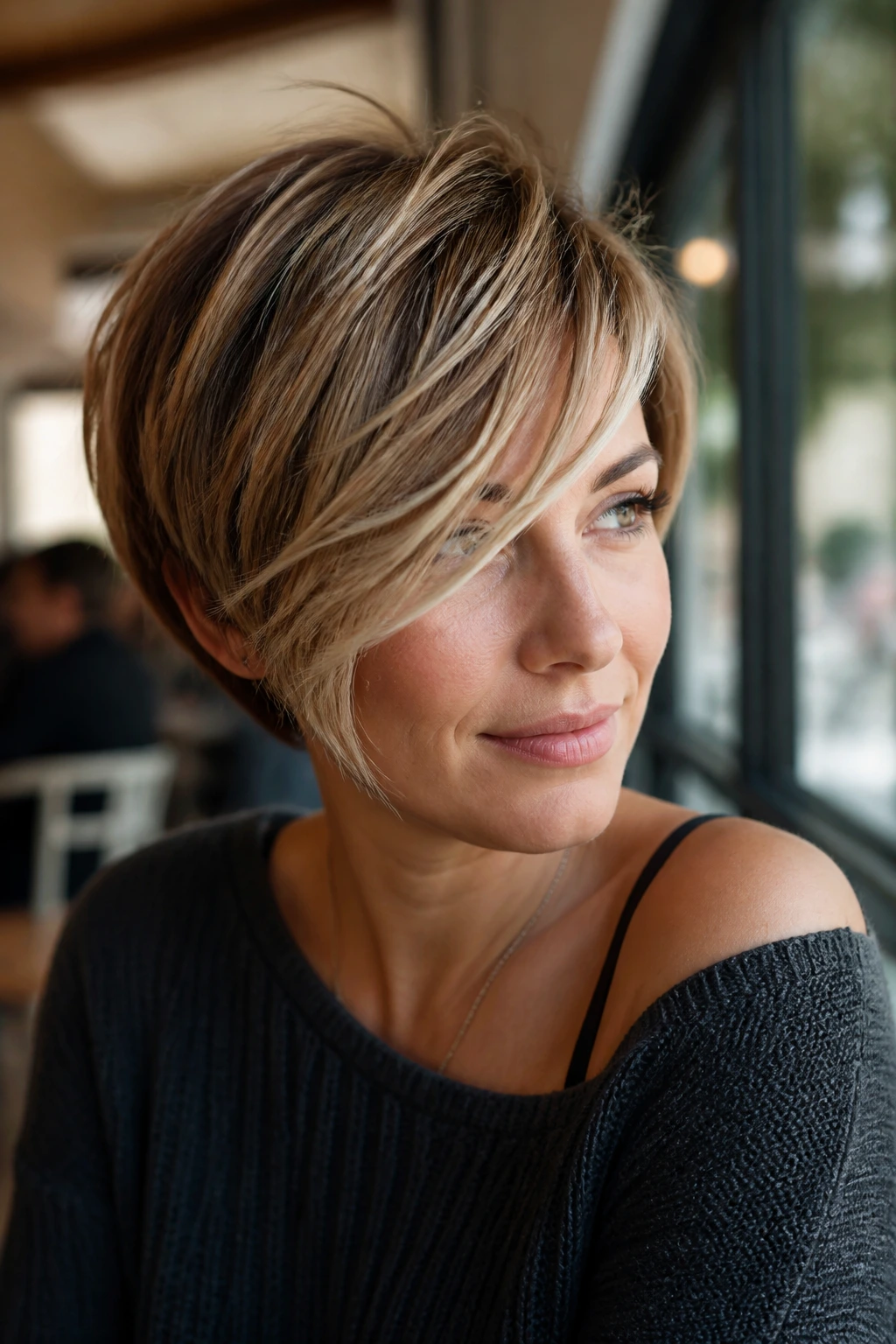 Close-up portrait of a real person with long layered side-swept bangs