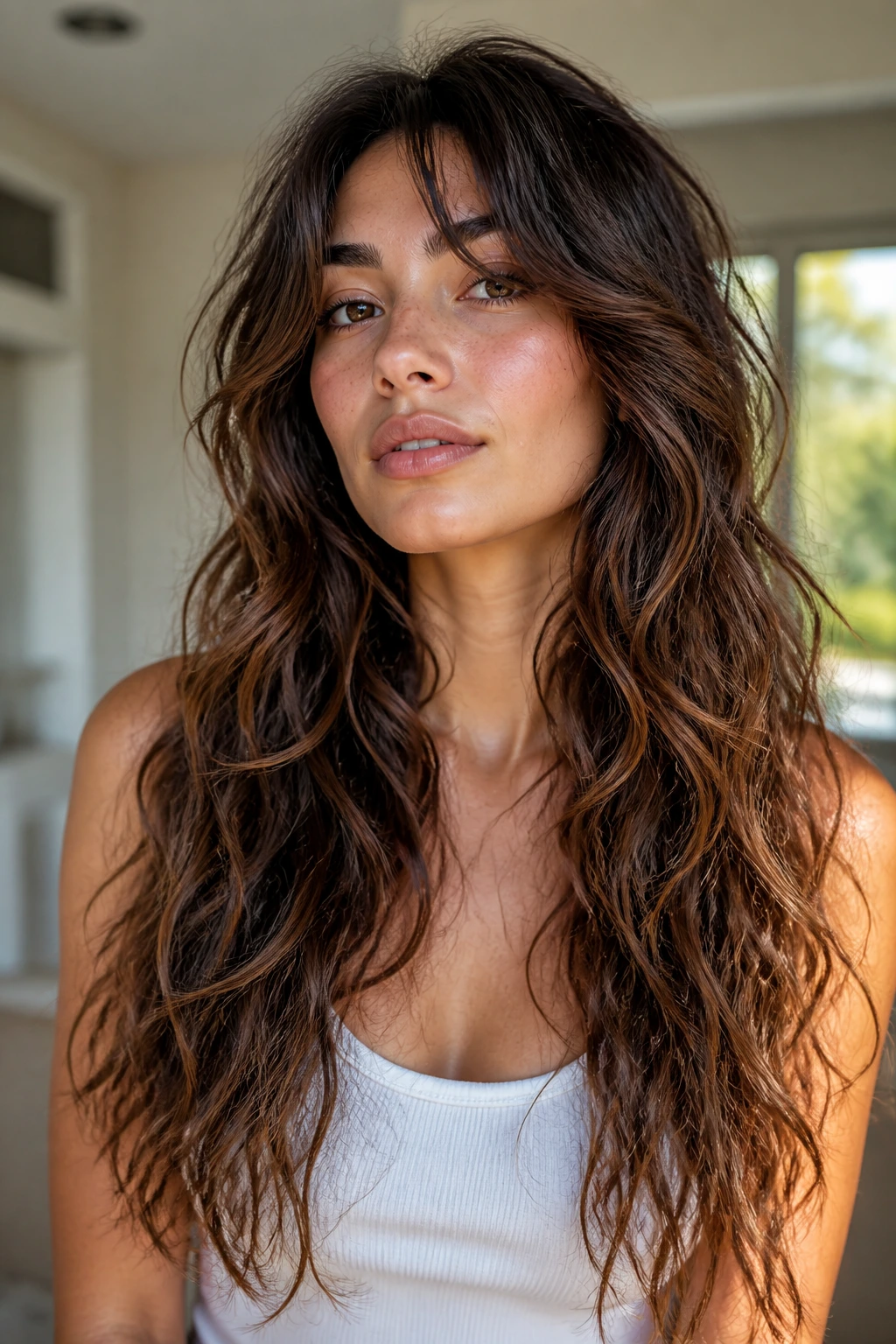 Portrait of a person with long layered Wave-Octopus hairstyle and beachy waves