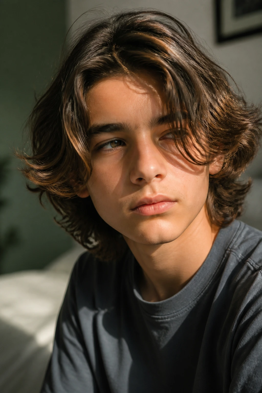 Portrait of a real boy with long layered waves in soft light
