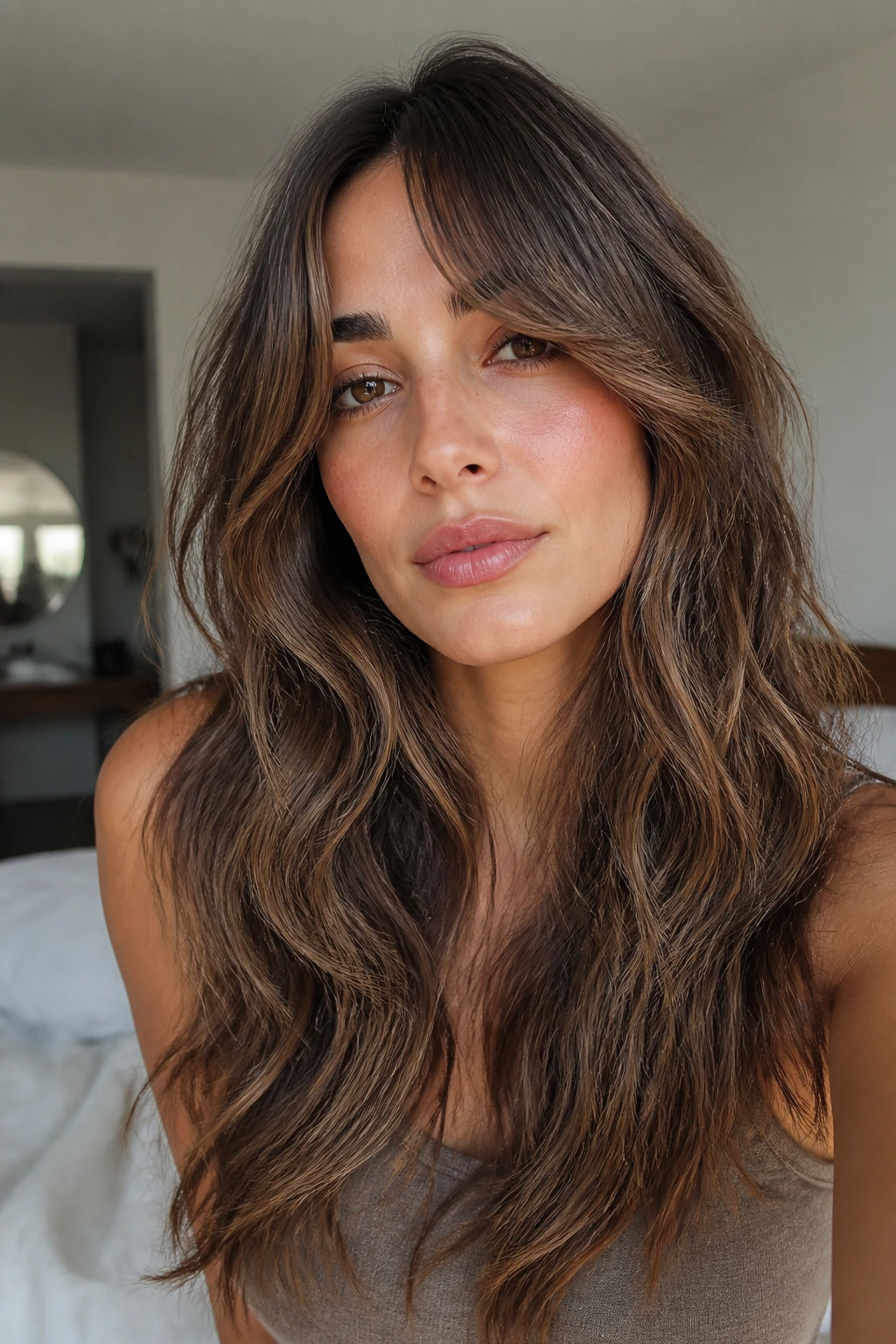 Real-person close-up with long layered waves and cheekbone curtain bangs on 2C hair