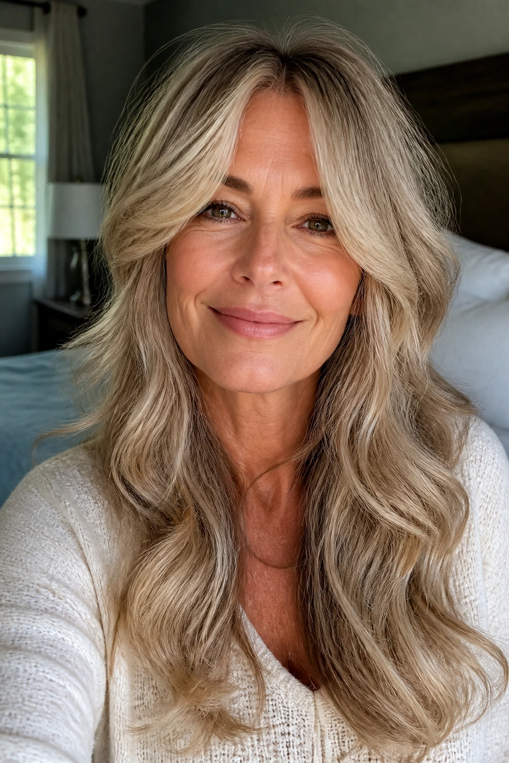 Close-up of a real woman with long layered waves and curtain fringe in soft natural light.