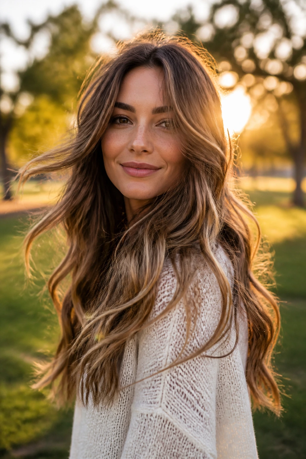 Close-up of a real woman with moving layered waves in golden hour outdoor setting