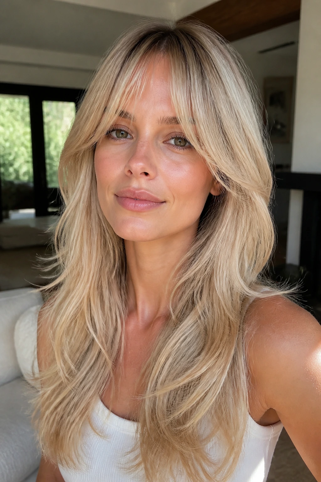 Real woman with long layers and airy bangs in soft beige blonde