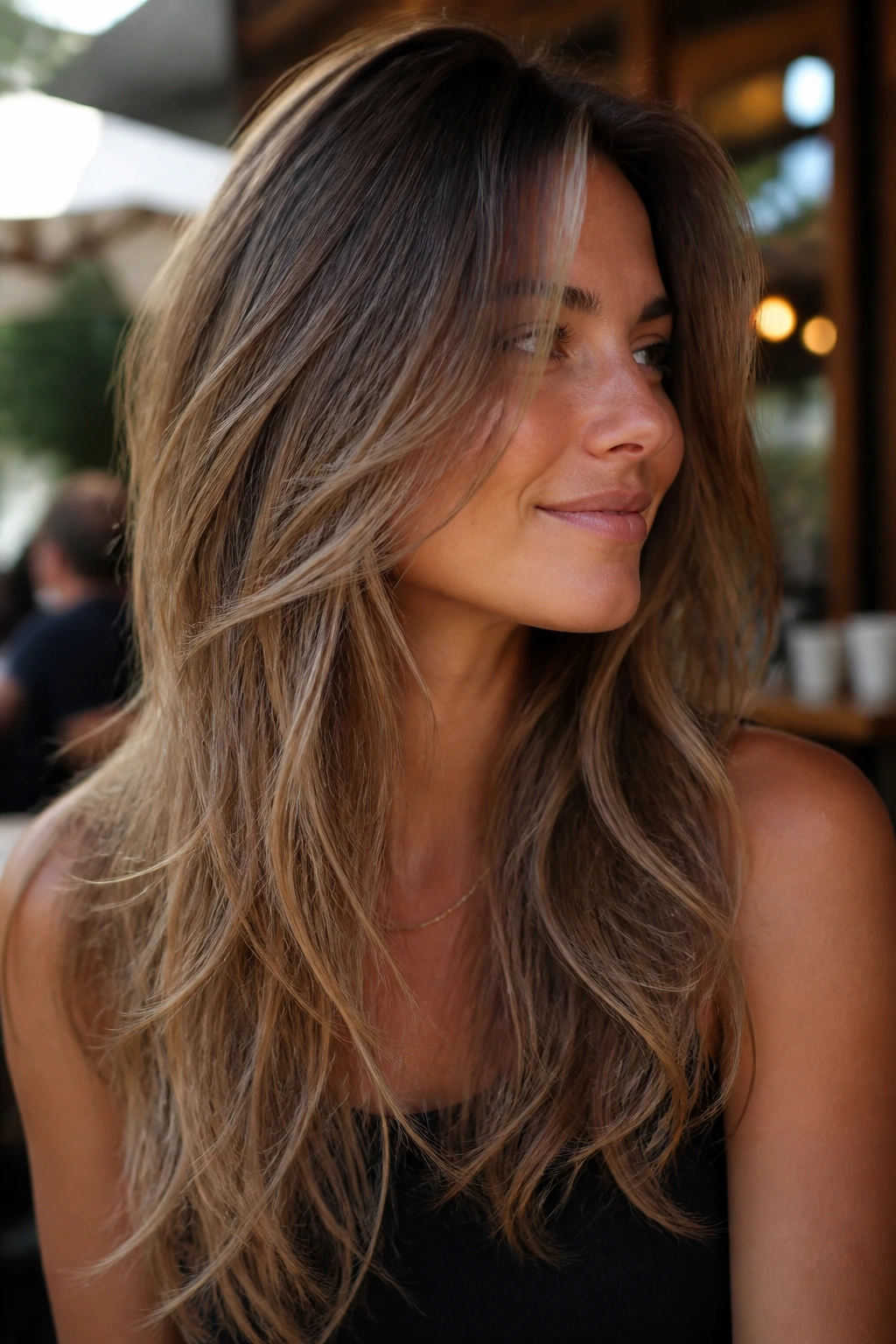 Portrait of a woman with long layers and airy ends