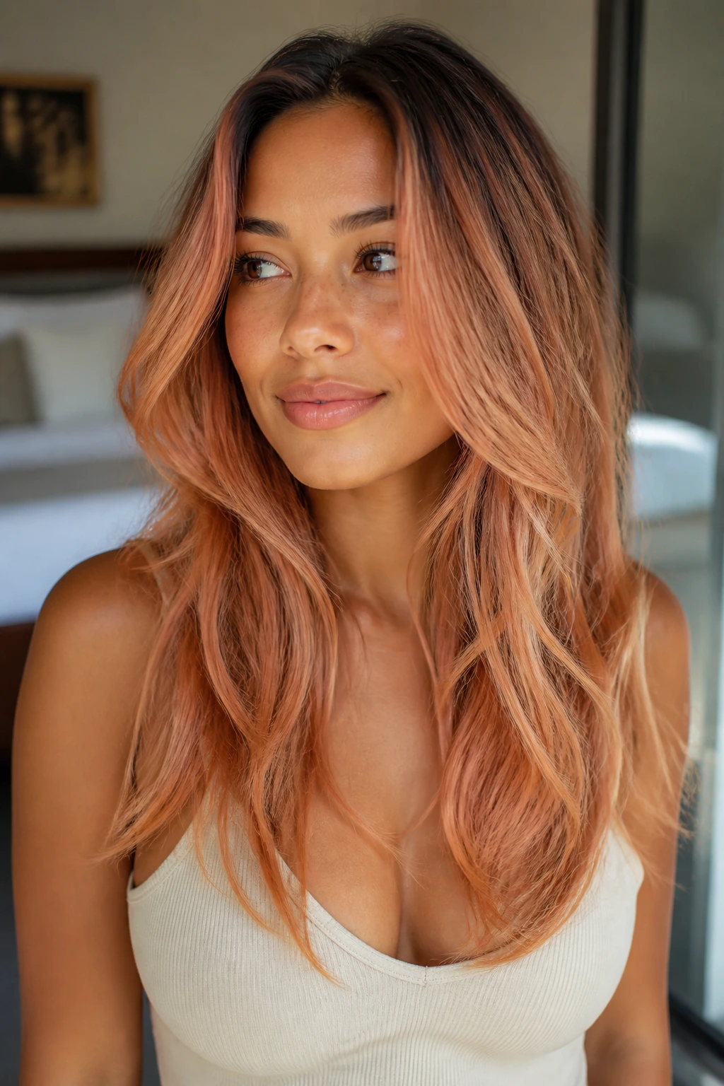 Portrait of long layered hair with melted apricot balayage on tan skin.