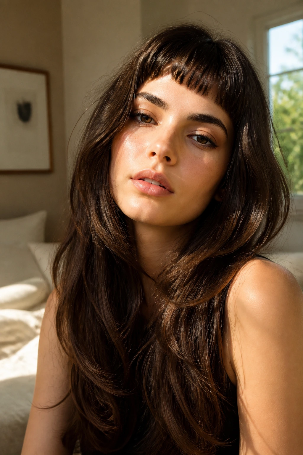 Close-up of a real woman with long layers and baby bangs in warm daylight