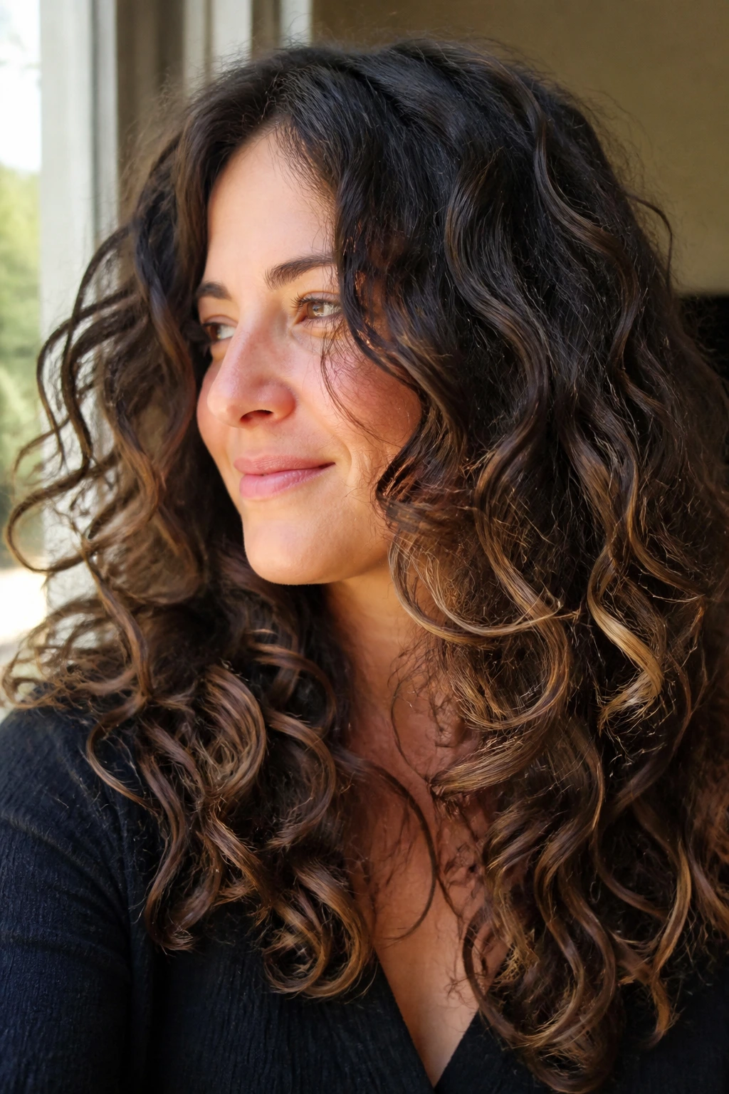 Close-up portrait of a real woman with long curly hair and peekaboo babylights