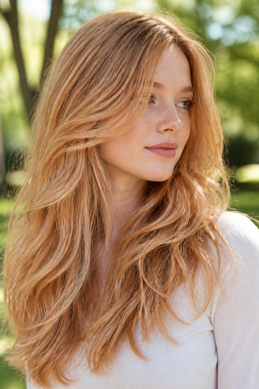 Close-up portrait of a real woman with long layers and dimensional strawberry babylights on pale skin