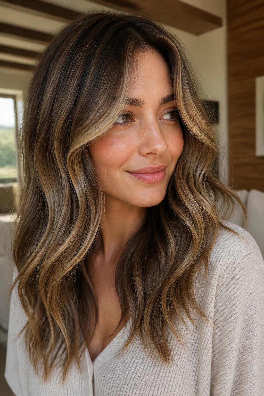 Close-up of a woman showing long layered wavy hair with delicate babylights