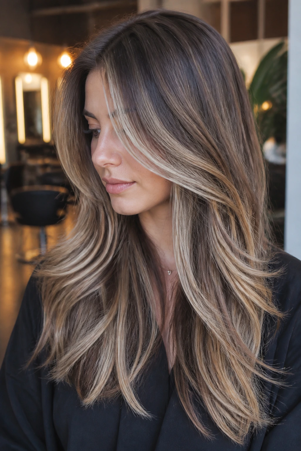 Close-up of brunette long layered hair with champagne balayage and lowlights.