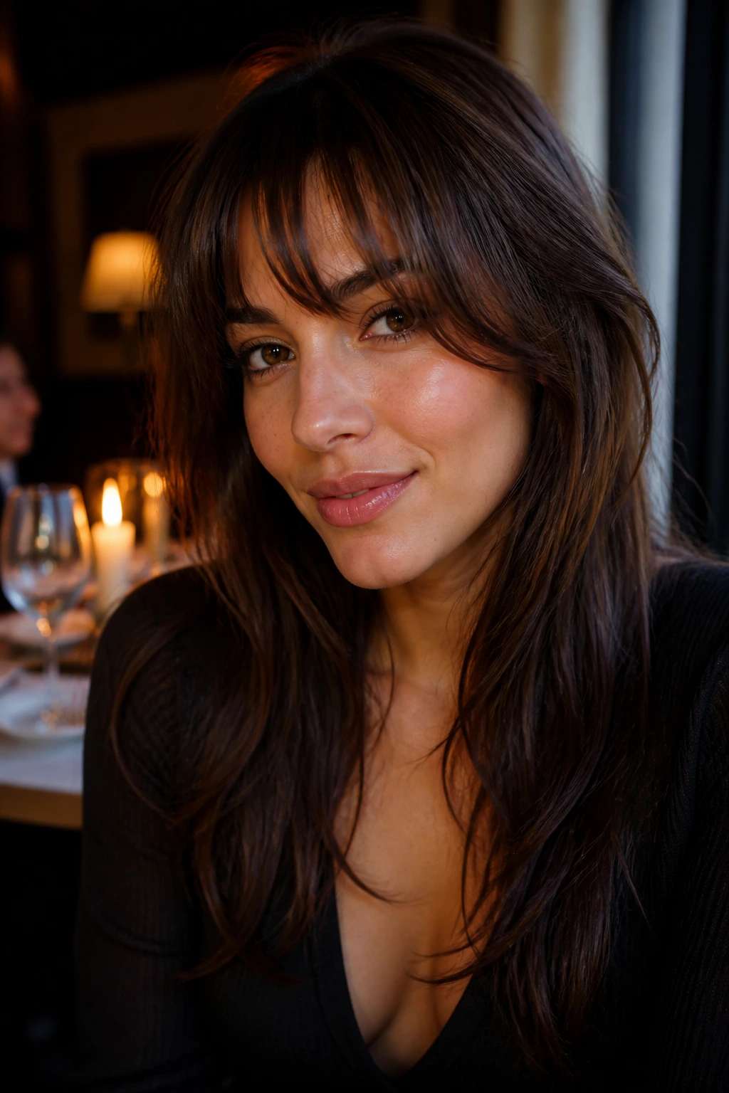 Close-up portrait of a person with long face-framing layers and bangs in a warm dining-room setting