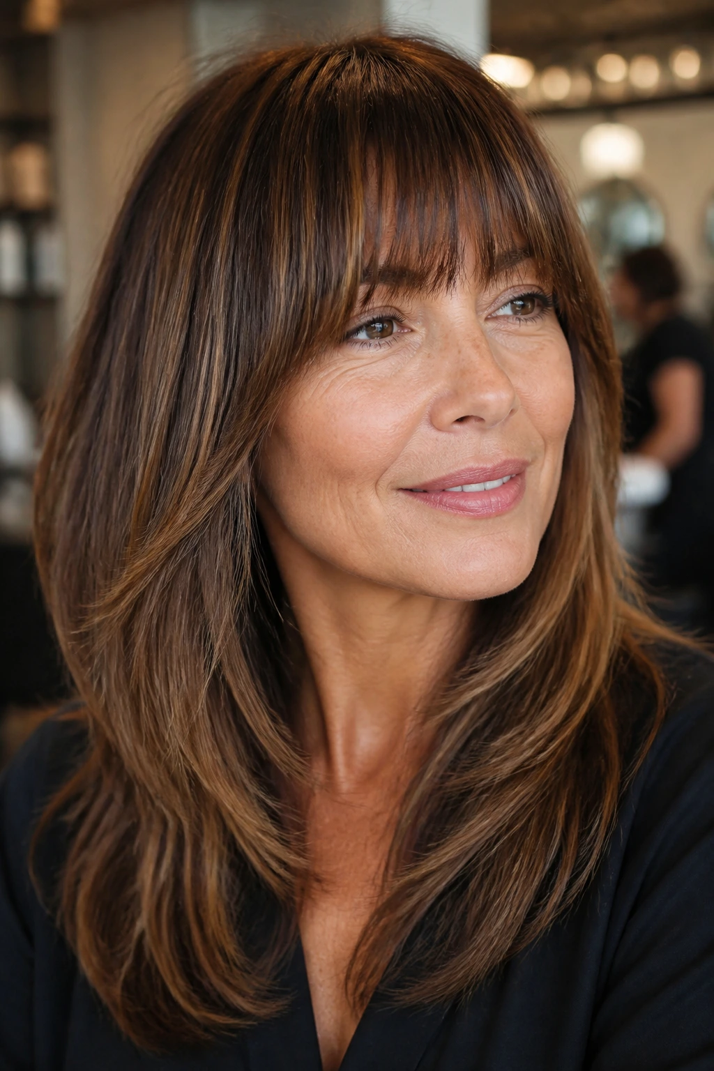 Portrait of a real woman with long layered bangs showing movement in a salon.