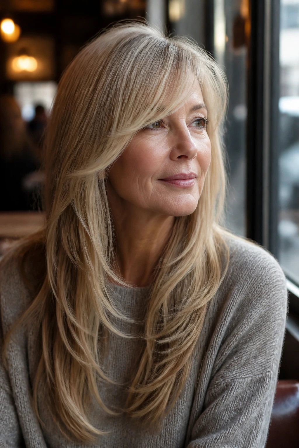 Close-up of a real woman with long layered hair and side-swept bangs in natural light.
