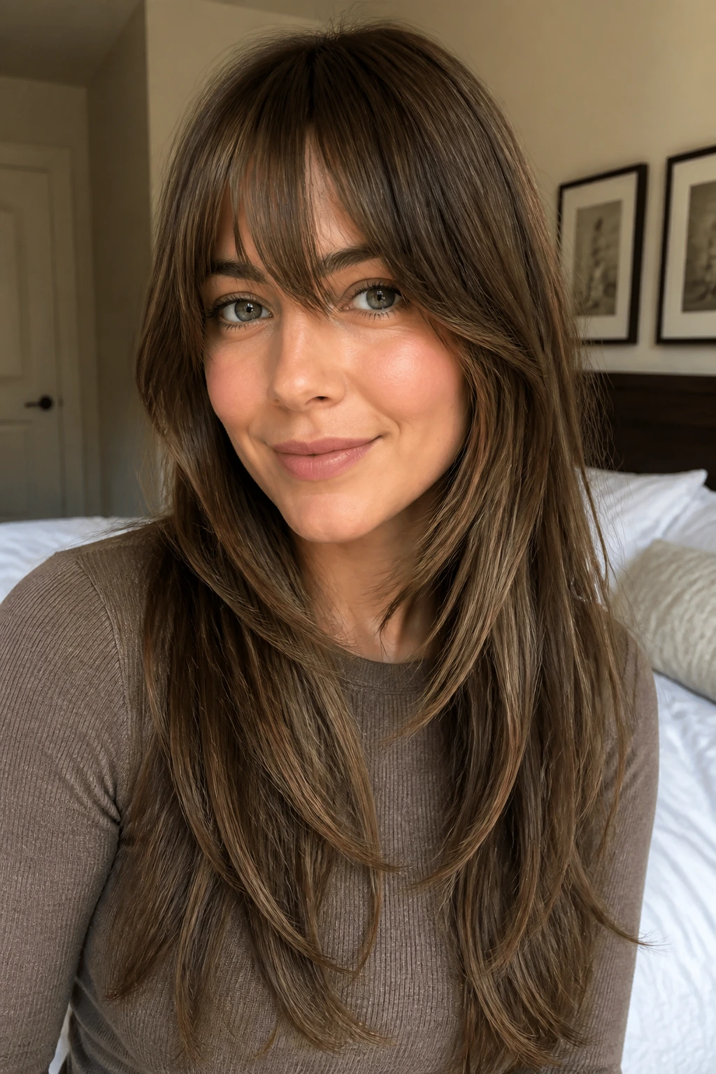 Close-up portrait of a person with long layered hair and bangs to elongate a round face