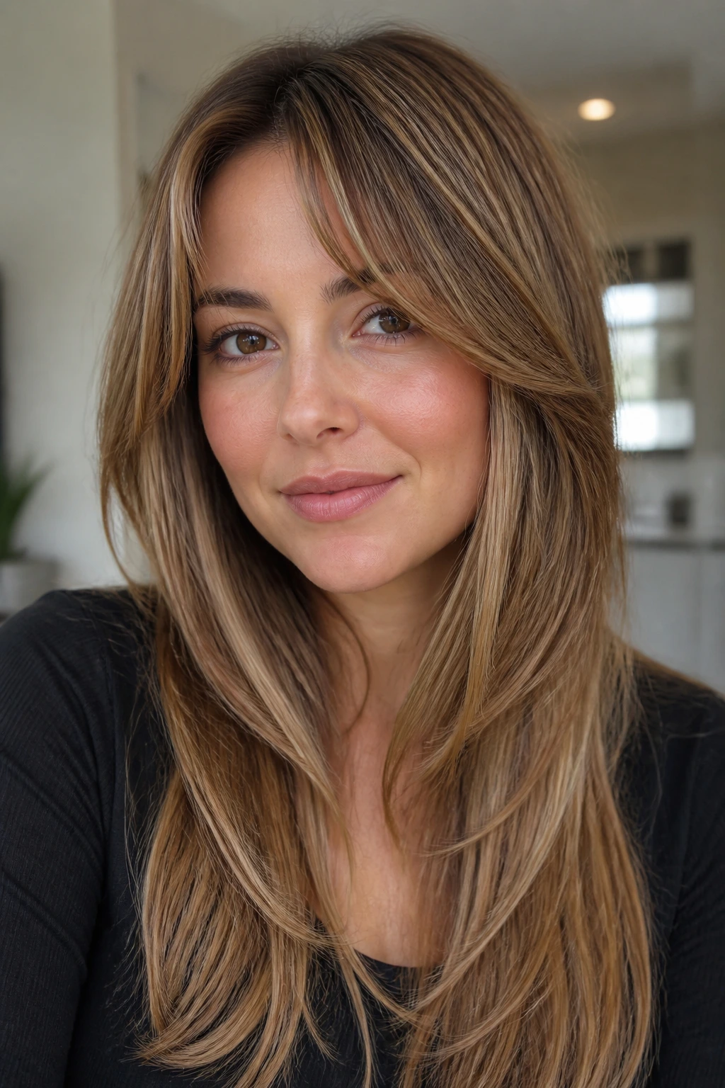 Portrait of a real woman with long layers and bangs framing a round face