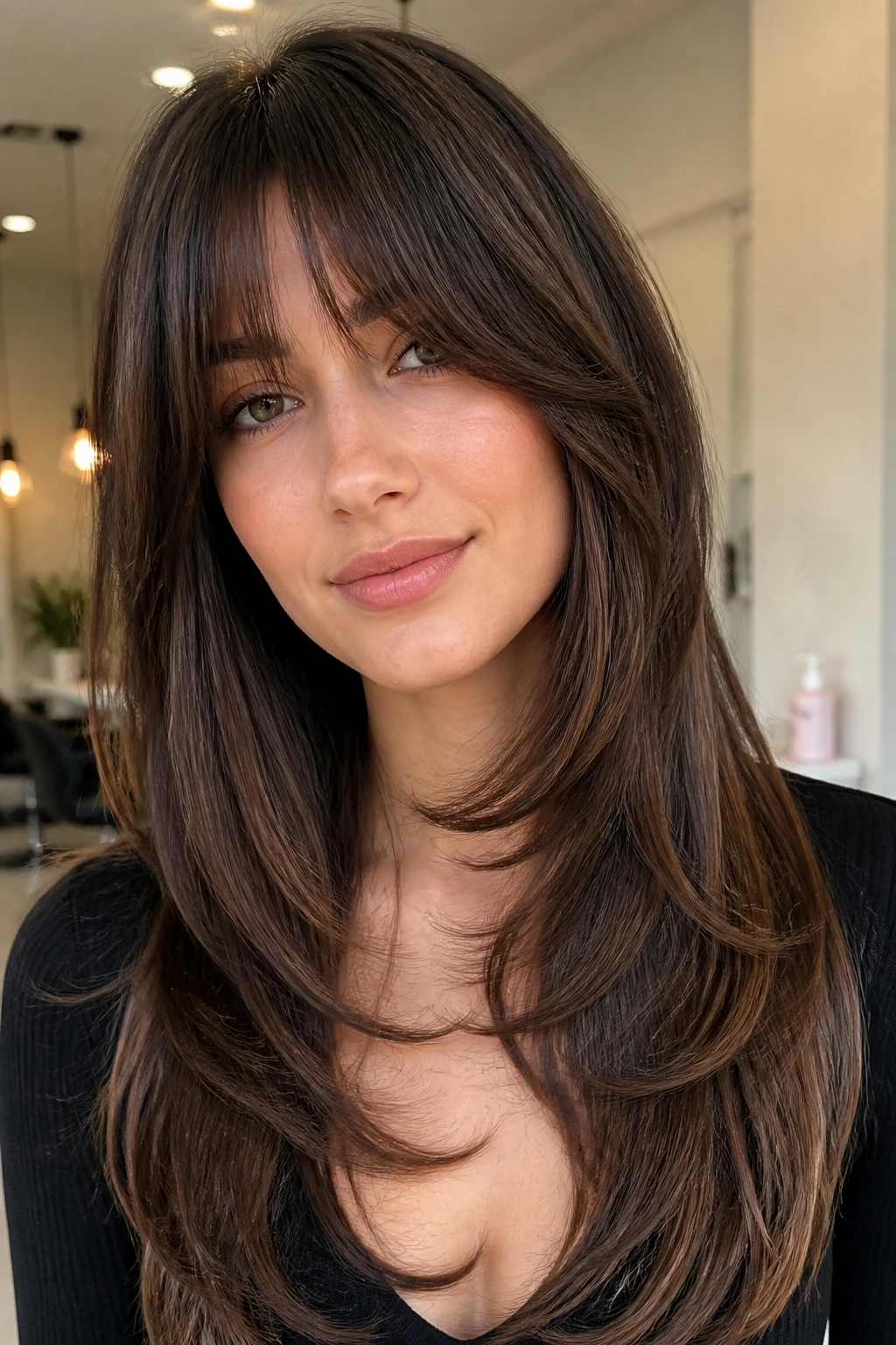 Portrait of a real woman with long layered hairstyle and face-framing bangs