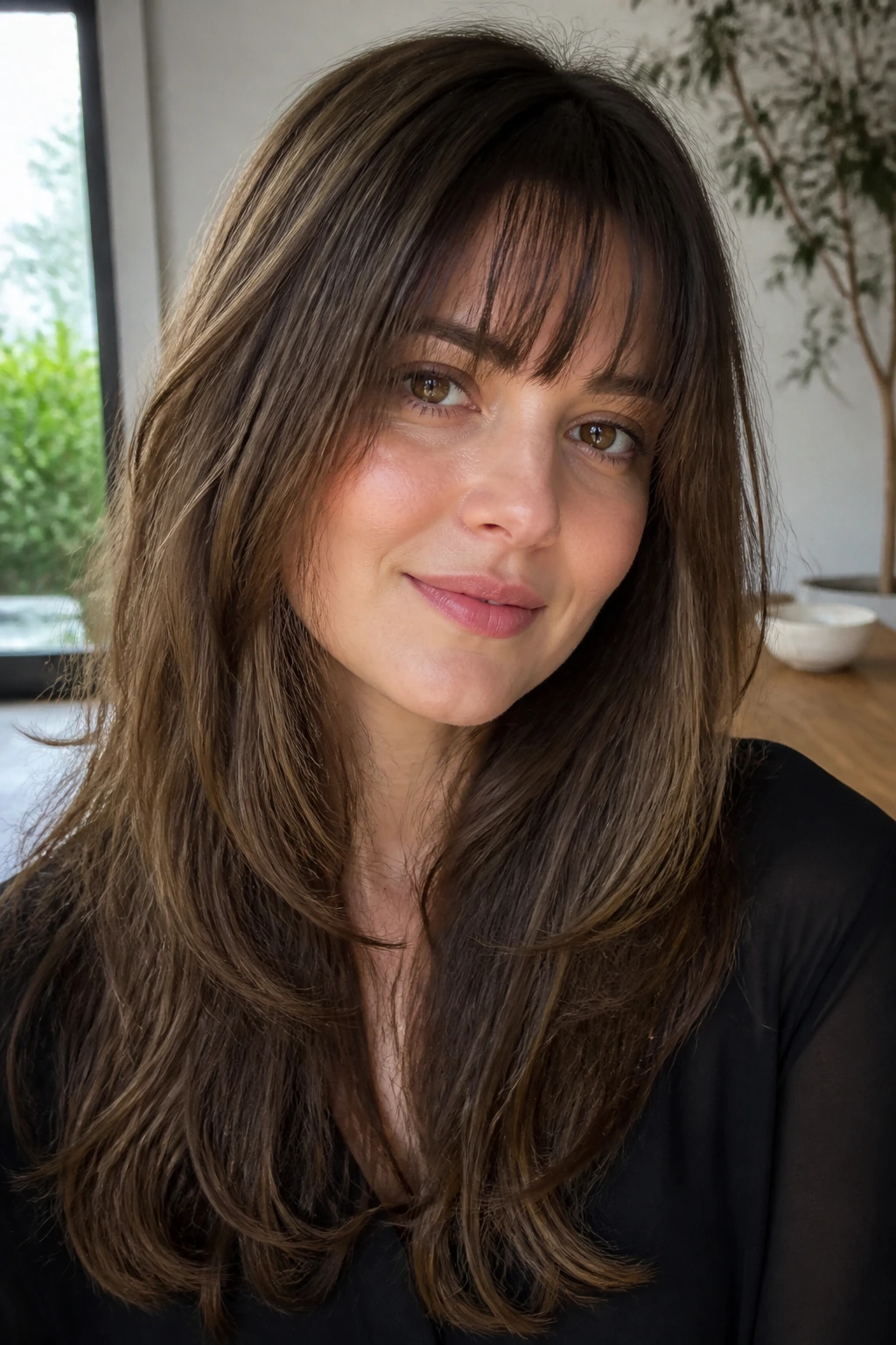 Close-up of a real woman with long layered hairstyle and soft fringe in natural light